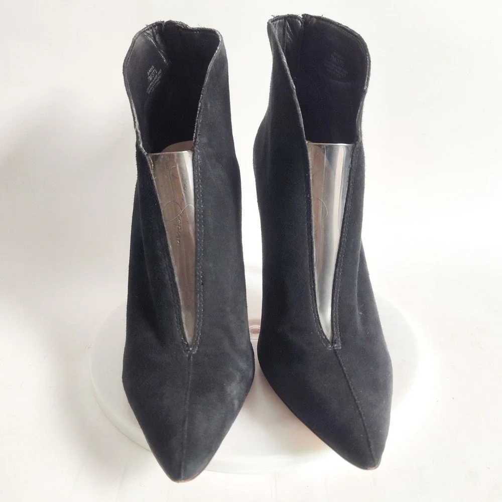 Jessica‎ Simpson Ankle Boots 7 Black Suede PVC V-Cut Stiletto Heel Piercie Sexy